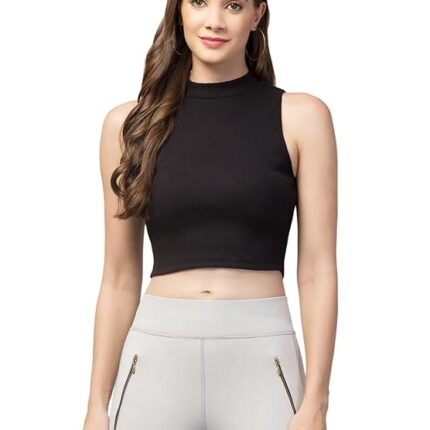 Women's Girls Casual High Neck Solid Ribbed Crop Tank Top Black