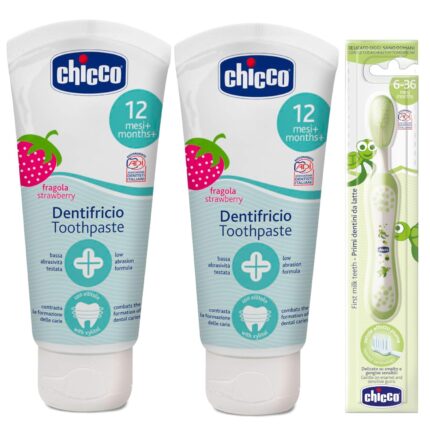 Chicco Strawberry Toothpaste and Green Toothbrush (12 m+50 ml) Pack of 2