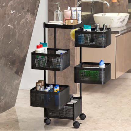 Kitchenwell Metal Multi-Purpose Trolley Storage (Matt Black, 5 Layer Drawer)