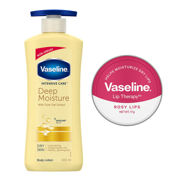 Vaseline Deep Moisture Lotion With Rosy Lip Tin For Moisturized Skin & Sheer Pink Tint - combo