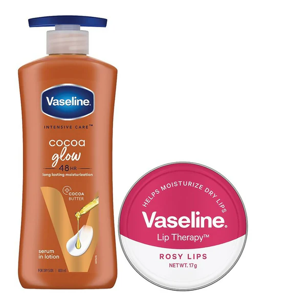 Buy Vaseline Cocoa Glow Lotion With Rosy Lip Tins Combo Online